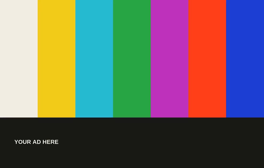 Color bars giving way to a sample TV spot for a pizza shop, under a Your ad here label
